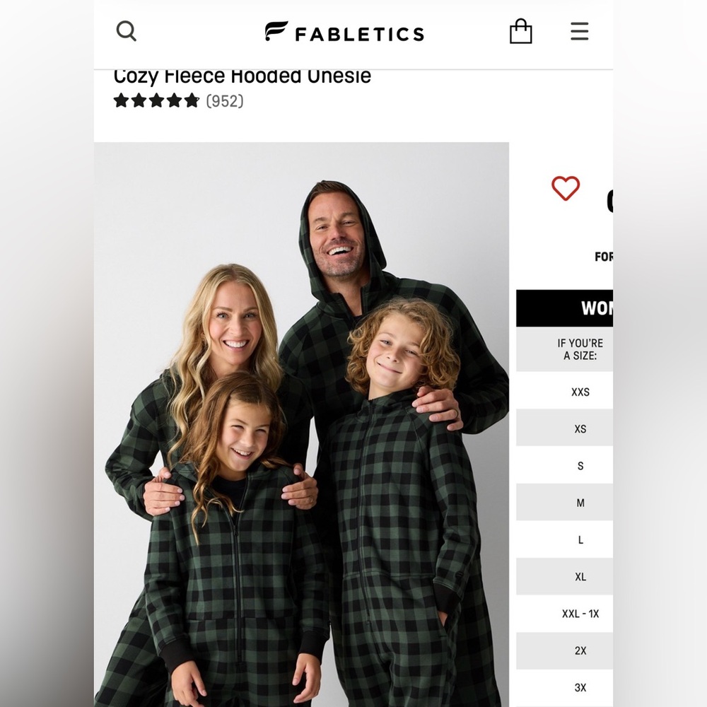Fabletics Unisex Black and Green Plaid Onesie XL Tall